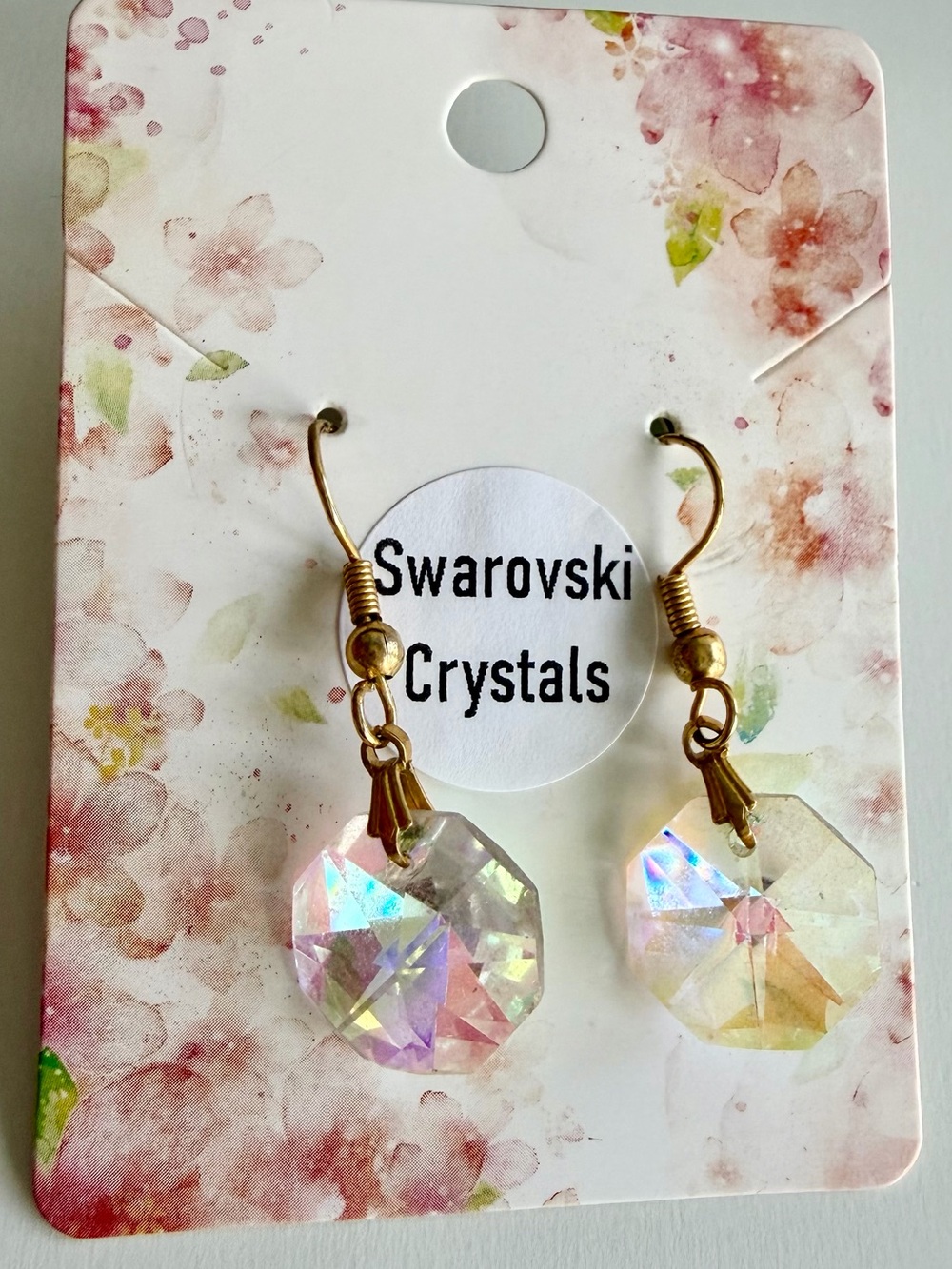 Swarovski Crystal Aurora Borealis Dangle Drop Earrings - Gold  Tone Setting